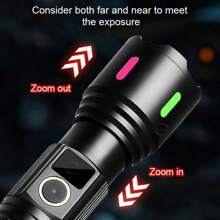 便携式 30W LED 手电筒大功率超远距离伸缩变焦手电筒 5 种模式照明多功能 USB 充电长端照明高光使用 18650/26650 电池荧光灯极具吸引力户外露营和钓鱼工作手电筒 - 黑色 - 查看 9