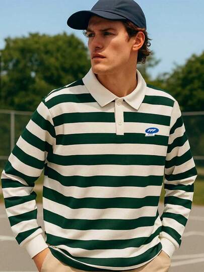 男士绿白条纹Polo衫，经典绿条纹衬衫，休闲街头风Polo衫，适合钓鱼、足球等户外活动，简约时尚的春秋单品，长袖上衣