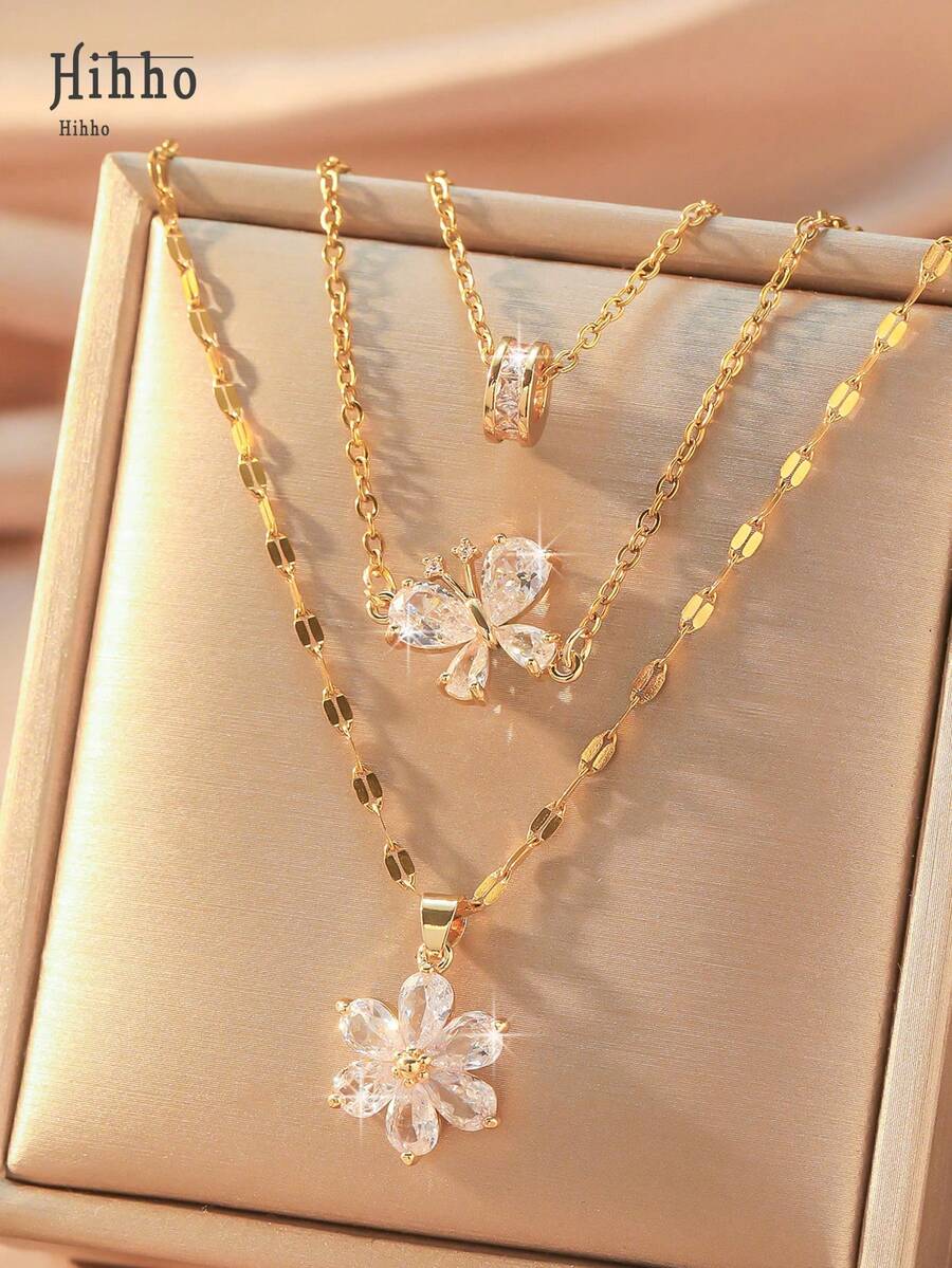 Hihho 3pcs Fashionable Casual Sparkling Cubic Zirconia Flower, Butterfly, Waist Design Necklace Set, Creative Gift For Women, Party - Yellow Gold - View 1
