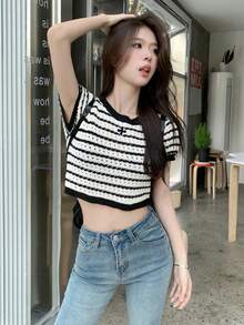 女式撞色条纹圆领插肩针织打底 T 恤，全新夏季百搭上衣 - 黑與白 - 查看 10