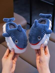 1 Pair Cute Shark Design Children's Slippers, Plush Cartoon Indoor Shoes For Toddler Boys, Winter - Baby Blue - View 5