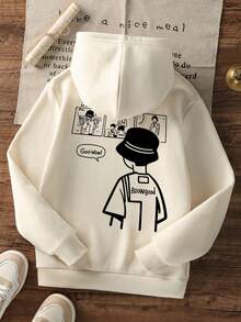 1件装男童休闲印花套头卫衣，保暖内衬，长袖，秋冬季 - 杏色 - 查看 3