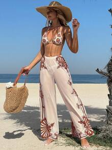 3件套女士挂脖系带三角比基尼套装，含印花网纱裤，波西米亚风花卉印花泳衣 - 彩色 - 查看 2