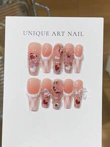 10 件超甜美女孩！超长法式美甲贴，白色蕾丝边，搭配大方糖水钻和粉色闪粉，可重复使用的手工指甲套，包含迷你指甲锉，适合作为送给朋友或派对的礼物，按压式指甲美甲用品 - 淺粉色 - 查看 21