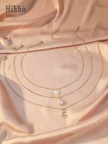 Hihho 3pcs Fashion Casual Heart, Moon, Water Drop Cubic Zirconia Inlaid Necklace Set For Women, Creative Personalized Party Gift - Yellow Gold - View 3