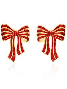 2 件时尚可爱的圣诞滴油蝴蝶结吊坠耳环，适合女性在圣诞节、节假日、日常和派对上佩戴 - 金色 - 查看 4
