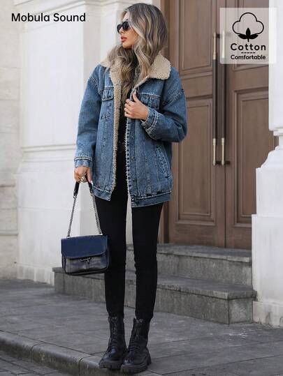 Mobula Sound#Chaqueta vaquera versátil de moda casual otoño/invierno con forro térmico azul estilo Y2K universitario para mujer con botones delanteros y solapa