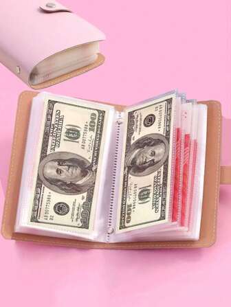 1pc PU Leather Banknote Storage Book, Can Hold Up To 100 Banknotes, With Photo, Stamp And Card Slots, A6 Large Capacity Cash Storage Notebook, Birthday/New Year Gift