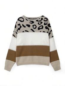 Women's Oversized Cute Colorblock Leopard Print Sweater, Casual Comfortable Ribbed Knit Crew Neck Long Sleeve Pullover Top - Multicolor - View 6