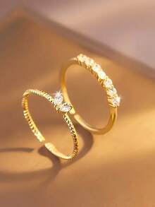 Set de 2 anillos de puño con corazón decorado de rhinestone de aleación de zinc para mujeres para el día a día - Plateado - Ver 3