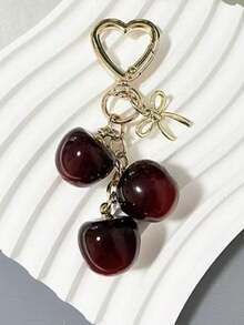 1pc Cherry Fruit Bow Heart Shaped Golden Keychain, Suitable For Car Keys And Bag Decoration