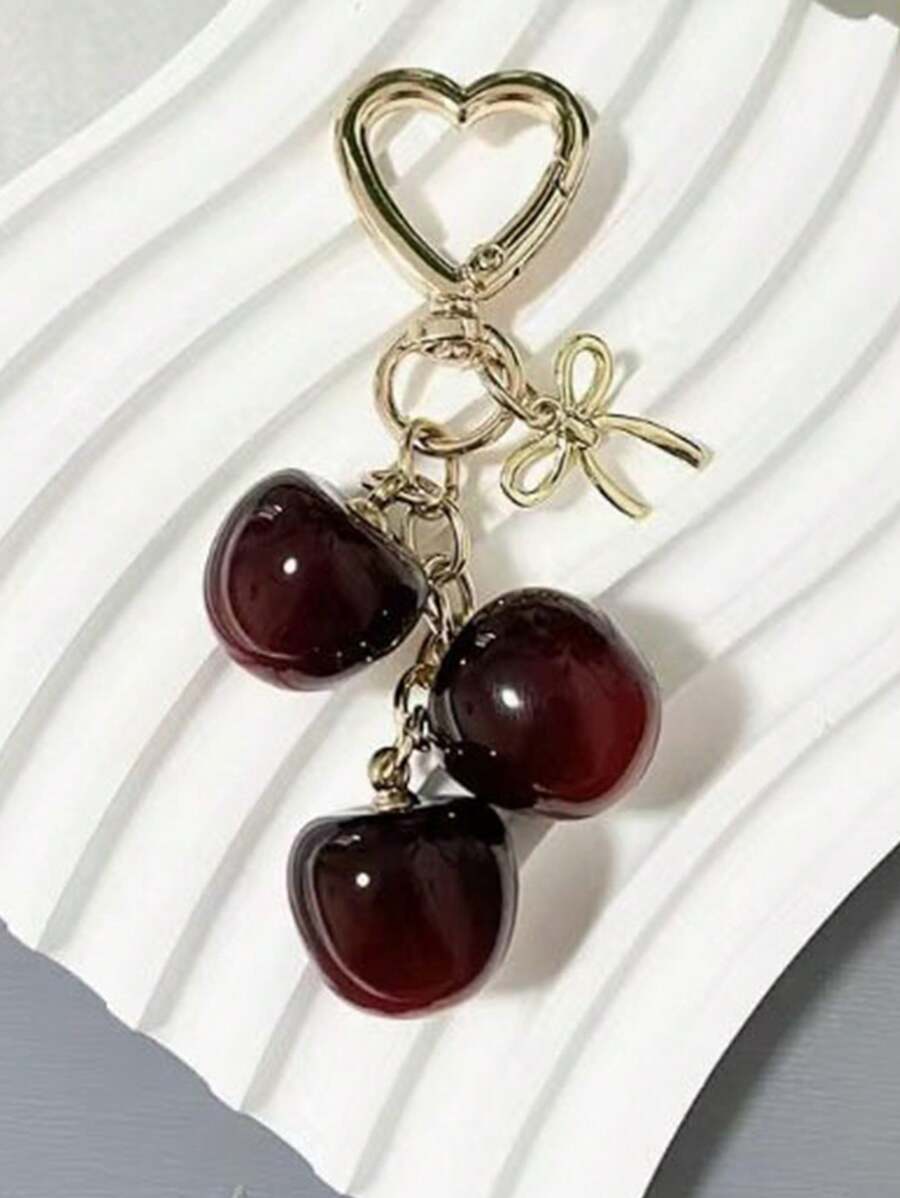 1pc Cherry Fruit Bow Heart Shaped Golden Keychain, Suitable For Car Keys And Bag Decoration