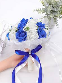 1 bó hoa cưới giả màu xanh hoàng gia và trắng trang nhã, được bọc ren với ruy băng và điểm nhấn ngọc trai, lý tưởng cho cô dâu, phù dâu, trang trí tiệc cưới, lễ cưới, tiệc cô dâu, trang trí chụp ảnh. - Nhiều màu - Xem 4