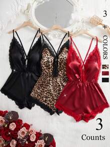 3 件豹纹女式性感内衣紧身衣套装，性感蕾丝缎面深 V 领交叉设计紧身衣，适合露背泰迪性感睡衣和 - 彩色 - 查看 12