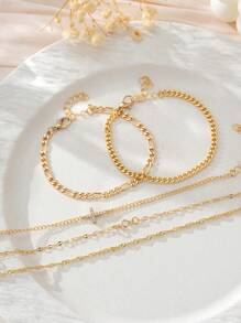 5pcs High-Quality Cubic Zirconia Cross Decorated Multilayer Bracelet, Fashionable, Suitable For Women's Parties, Gatherings, Daily Wear, Music Festival, And Gifts - Yellow Gold - View 4