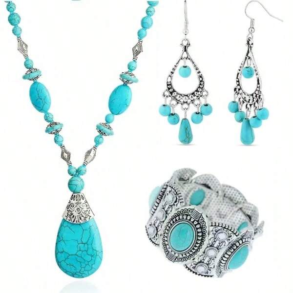 1Set Bohemian Chic Pink Turquoise Jewelry Set - Exquisite Necklace, Earrings & Bracelet Ensemble - Statement Pieces For Women