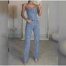 Sequin Denim Tube Crop Top Pants Set Women Sexy Solid Sleeveless Vest High Waist Zipper Jeans Fashion Street Ladies Outfits - 藍色 - 查看 1