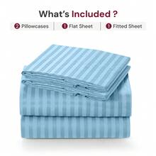 Lux Decor 4 Pc Stripe Bed Sheets, High GSM Brushed Microfiber Bedding Set With Deep Pocket Fitted Sheet & Pillowcases. Soft, Breathable, Hypoallergenic, Easy Care, And Wrinkle Resistant For Year-Round Comfort And A Classic Hotel-Quality Look. - 藍色 - 查看 5