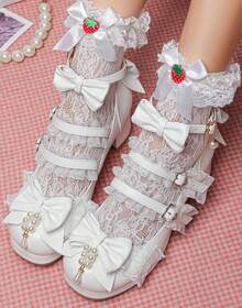 Women's Kawaii Shoes Cross Strap Pumps Cute Ankle Strap Mary Jane Shoes Wedding Lace Mid Chunky Heel Pumps - trắng - Xem 2