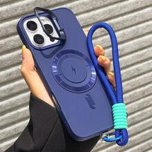 1pc Luxury Lightning Magnetic Phone Case With Short Nylon Lanyard Camera Bracket For IPhone16 15 14 13 12 11 Pro Max Plus Soft Silicone Back Cover Waterproof Shockproof Anti-Fall Scratch Resistant - Royal Blue - View 4