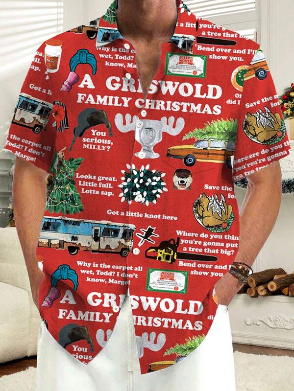 Christmas Party Colorful Lights Holiday 3D Digital Print Plus Size Men Short Sleeve Button-Down Shirt