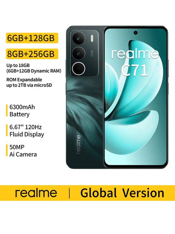Realme C71 6GB + 128GB 8GB + 256GB wereldwijd ontgrendelde smartphone met UNISOC T7250-chipset, 6,67 inch HD + 120 Hz-scherm, 6300 mAh enorme batterij en 45 W snelladen, 50 MP AI ProLight-camera en opname van 1080P Dual-View-video voor creatieve content, IP64 stof-/waterbestendigheid