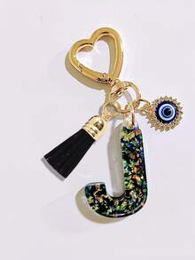 1pc Black Initial Keychain, Black Tassel Pendant, Evil Eye Fashion Keychain, Alphabet Keychain Backpack Charm, Keychain For Women And Girls, Exquisite And Small, Fashionable And Simple, Wallet And Handbag Accessories, Tassel Keychain, Alphabet Initials A-Z, Suitable For Commuting, Studying, Vacation