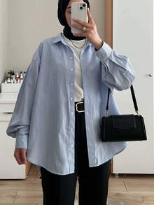 女士时尚休闲衬衫，适合所有季节 - 藍色 - 查看 1