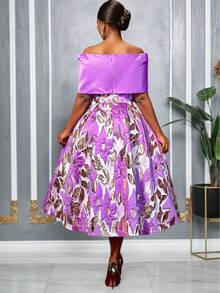Váy dạ hội AOMEI thanh lịch dành cho nữ, vải jacquard hoa, trễ vai, không dây, xếp ly, dáng chữ A, màu tím - Màu tím - Xem 2