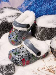 1 par de chinelos antiderrapantes para meninos, com estampa de letras, moda casual, confortável, forro térmico, adequados para o inverno