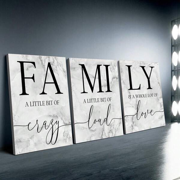 3 piezas de arte de pared con marco de lienzo en blanco y negro con tema familiar - Marco de madera, estilo clásico art decó, obra de arte para interiores/exteriores, adecuado para sala de estar, dormitorio, baño, decoración de pared con impresión de arte de tamaño mediano