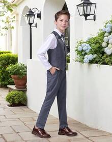 Boys Slim Fit 4-Piece Formal Suit Set - Vest, Pants & Shirt For Kids, Boys' Formal Wear For Weddings, Parties, School Events (2-14Y) - 灰色(領結) - 查看 3