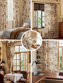 1 件复古金色花卉印花窗帘，杆袋设计，米色流苏半透明厨房短窗帘，房间隔断，门帘，可水洗，适用于家庭、卧室、书房、客厅、阳台、露台、窗扉、装饰，所有季节，秋季 - 金色 - 查看 4