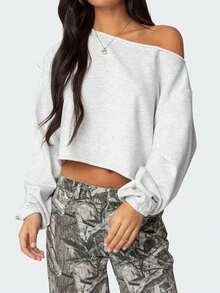 Women's Thin Sweatshirt, Fashionable Solid Color Slant Collar Long Sleeve Casual Short Sweatshirt, Spring And Fall Women Clothes, For Daily Street Wear - 灰 - 查看 1