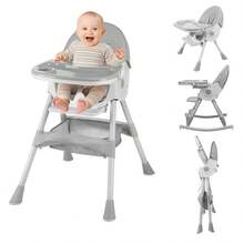Baby High Chair 3 In 1 Highchair Adjustable Height 3 Positions Rocking Seat Convertible High-Chair Portable RockingChair Foldable Baby Dining Chair With Removable Tray Grey - Grey - View 2