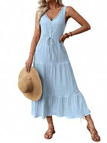 Women's Summer Casual Tank Dress Sleeveless V Neck Button Solid Color Beach Dresses - màu xanh da trời - Xem 5