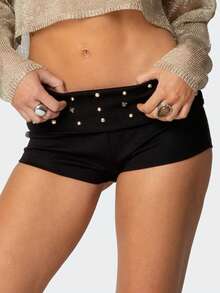 Womens Y2k Grunge Mini Shorts Fold Over Low Rise Studded Rivet Rave Concert Club Punk Goth Micro Bottoms Casual Slim Fit Stretchy Yoga Shorts Loungewear - Black - View 3