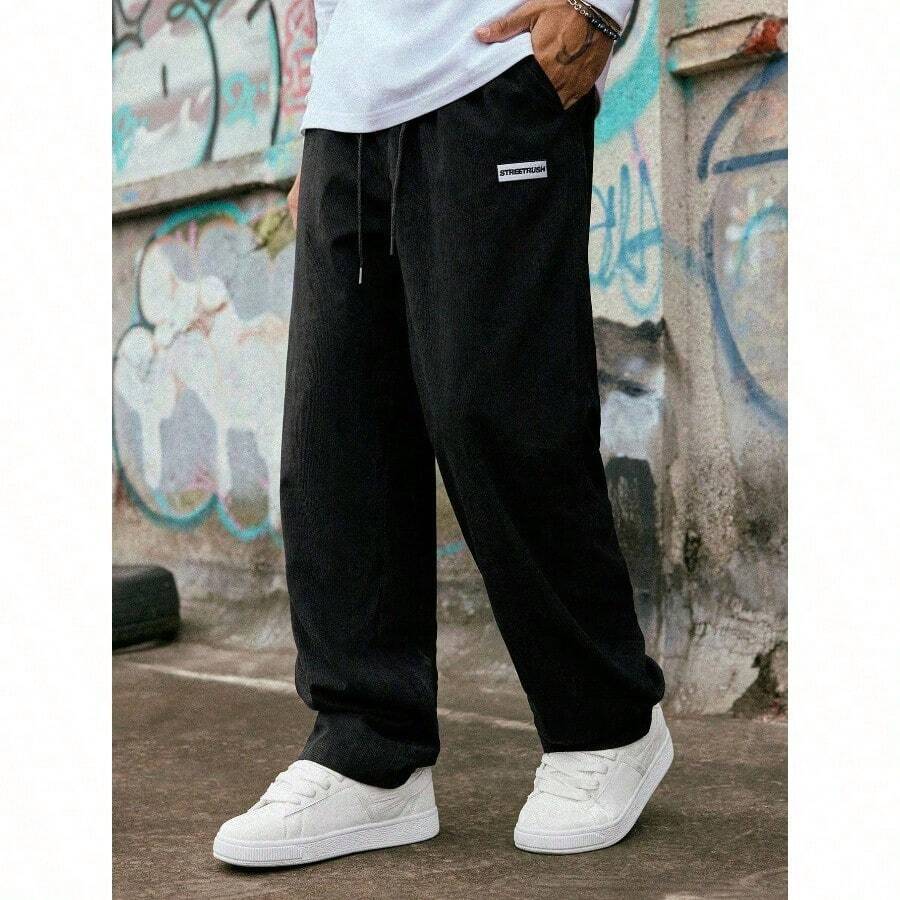 Men's Solid Color Casual Everyday Trousers Men's Streetwear Pants, Boy Friend Gifts, Back To School - 黑色 - 查看 1