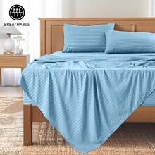 Lux Decor 4 Pc Stripe Bed Sheets, High GSM Brushed Microfiber Bedding Set With Deep Pocket Fitted Sheet & Pillowcases. Soft, Breathable, Hypoallergenic, Easy Care, And Wrinkle Resistant For Year-Round Comfort And A Classic Hotel-Quality Look. - 藍色 - 查看 10