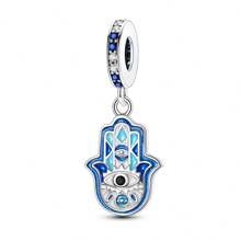 1 件银色精致蓝色珐琅锆石幸运 Hamsa 手掌邪眼宗教保护魅力适合原创手链项链吊坠珠子适用于 DIY 珠宝制作女士女孩生日珠宝礼物送给朋友