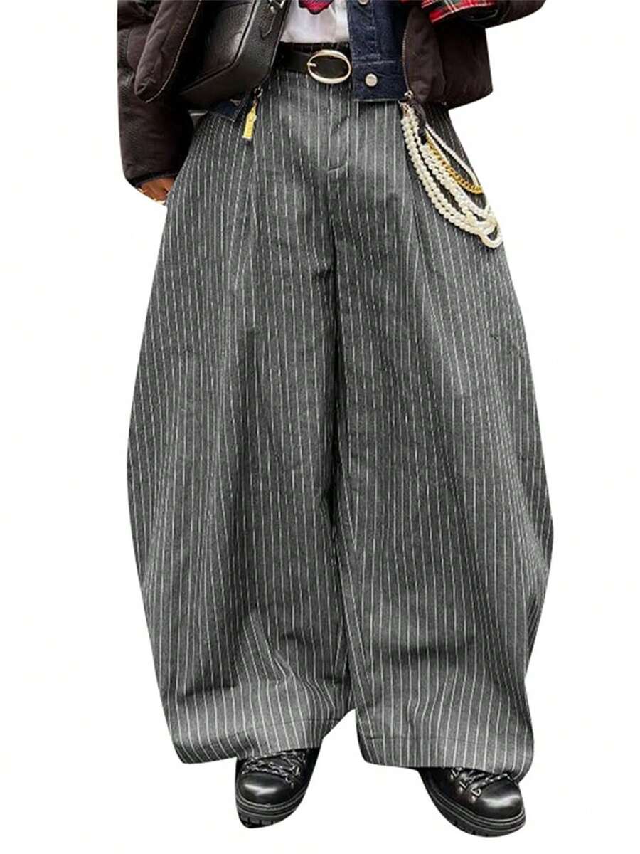 INCERUN Mens High Waist Zipper Striped Casual Loose Wide Leg Trousers Long Harem Pants Bottoms - 黑色 - 查看 1