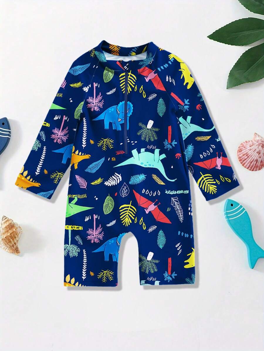New Baby Boy Dinosaur Print Swimsuit, One-Piece Summer Quickdry Swimwear, Protective Wetsuit