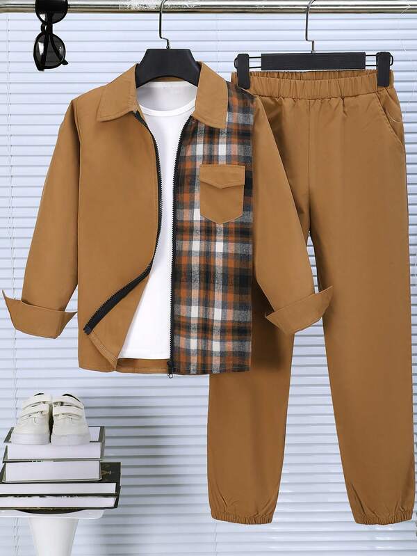 Purechapter Set 2 piese ținute pentru băieți, cămașă în carouri cu guler tip patchwork și buzunar cu fermoar, mânecă lungă, talie elastică + pantaloni cu manșetă, costum sport casual versatil, toamnă/iarnă, costum de exterior pentru copii mari