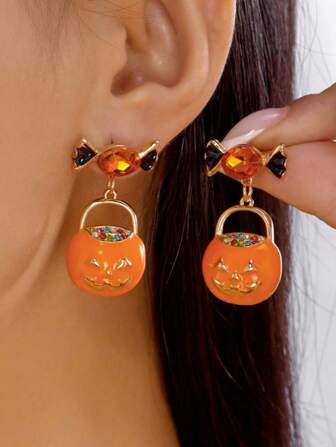 1Pair Halloween Holiday Candy Pumpkin Pendant Earrings For Women Or Girl Y2k Style Suitable For Holiday Wear Or Daily, Best Gift Choice,Trick Or Treat