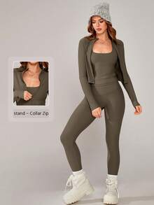 NcmRyu Set de 3 jachete sport confortabile pentru femei, toamnă/iarnă, cu talie elastică, potrivite pentru alergare, antrenament, fitness, yoga