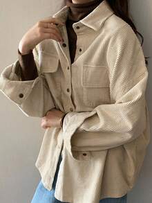 Plus Size Corduroy Shacket With Collar Long Drop Shoulder Sleeves And Pockets Casual Regular Length Coat Non Stretch Fabric