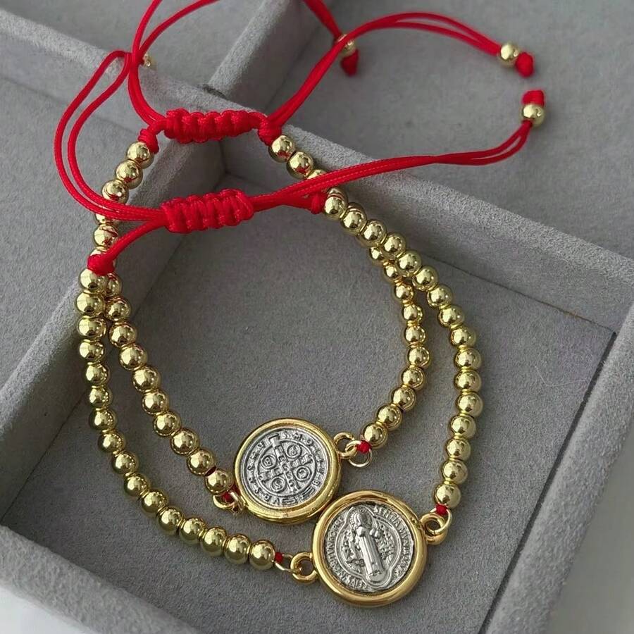 1pc Religious New Product Handwoven Religious Rope Bracelet With Copper Beads & Virgin Mary Charm