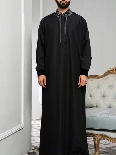 穆斯林男士长袍，长袖，立领，热钻，时尚沙特阿拉伯宽松男士长袍，伊斯兰宽松正装长袍