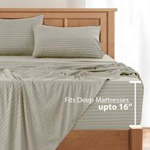 Lux Decor 4 Pc Stripe Bed Sheets, High GSM Brushed Microfiber Bedding Set With Deep Pocket Fitted Sheet & Pillowcases. Soft, Breathable, Hypoallergenic, Easy Care, And Wrinkle Resistant For Year-Round Comfort And A Classic Hotel-Quality Look. - 灰褐色 - 查看 4
