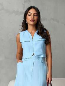 Women's Premium Tailored Set Modern Elegant Vest/Long Skirt With Front Slit /PARTY/EVANGELIA FASHION/SUMMER 2025 - 淺藍色 - 查看 2